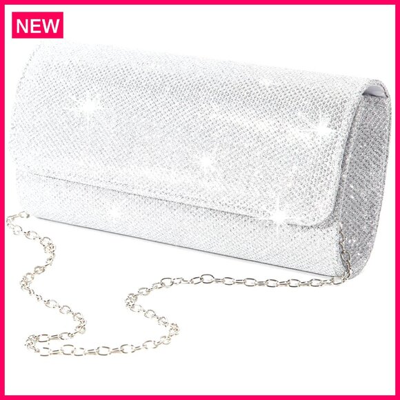 Handbags - Sparkling Evening Clutch with Detachable Chain, 3-in-1 Style, 7.9"W